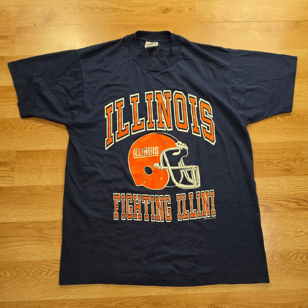 Vintage 90s Illinois Fighting Illini Football T Shirt XL Ramblers Helmet College
